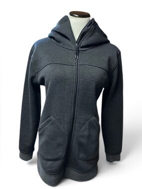 EUC Burton Minxy Hooded Fleece Jacket in black with an extended tunic length